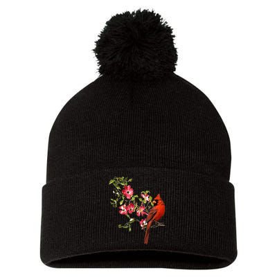 Red Cardinal Bird And Pink Flowering Dogwood Blossoms Pom Pom 12in Knit Beanie