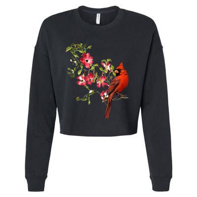 Red Cardinal Bird And Pink Flowering Dogwood Blossoms Cropped Pullover Crew