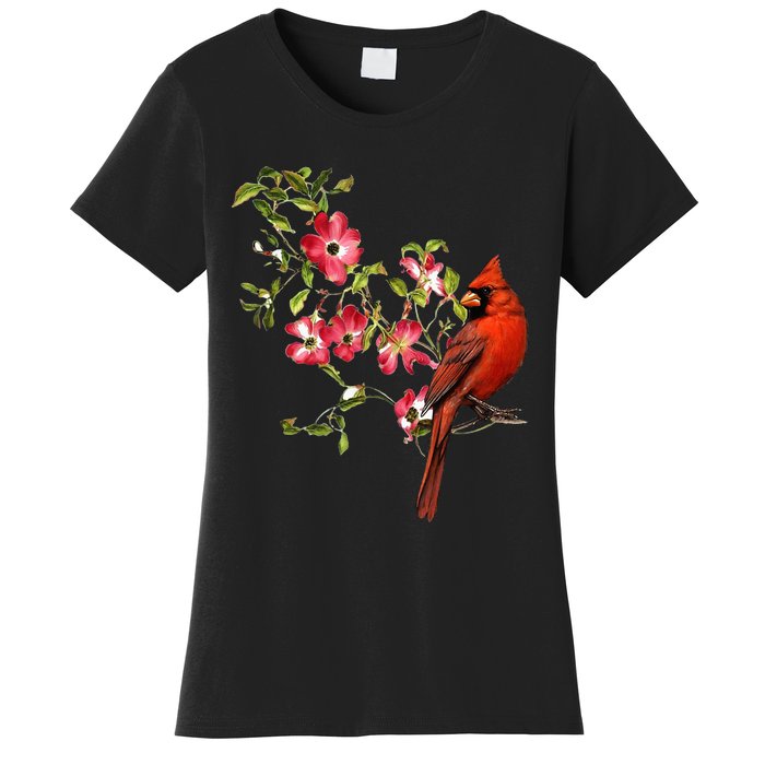 Red Cardinal Bird And Pink Flowering Dogwood Blossoms Women's T-Shirt