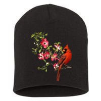 Red Cardinal Bird And Pink Flowering Dogwood Blossoms Short Acrylic Beanie