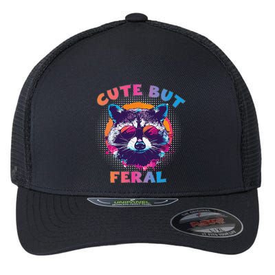 Raccoon Cute But Feral Colorful Funny Raccoon Feral Flexfit Unipanel Trucker Cap