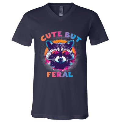 Raccoon Cute But Feral Colorful Funny Raccoon Feral V-Neck T-Shirt