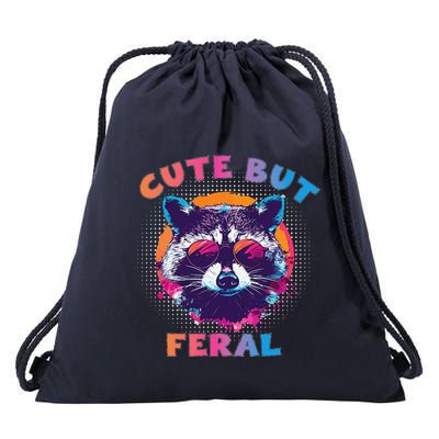 Raccoon Cute But Feral Colorful Funny Raccoon Feral Drawstring Bag