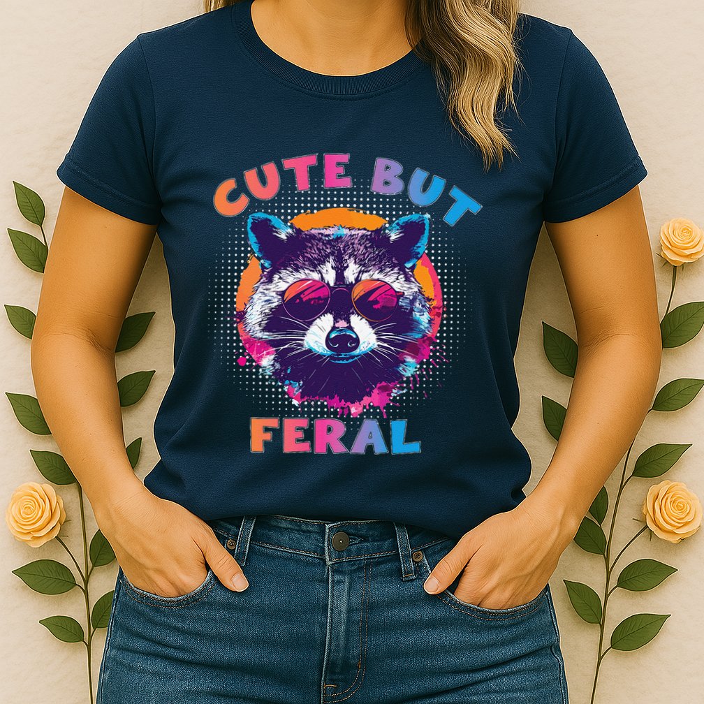 Raccoon Cute But Feral Colorful Funny Raccoon Feral Womens T-Shirt