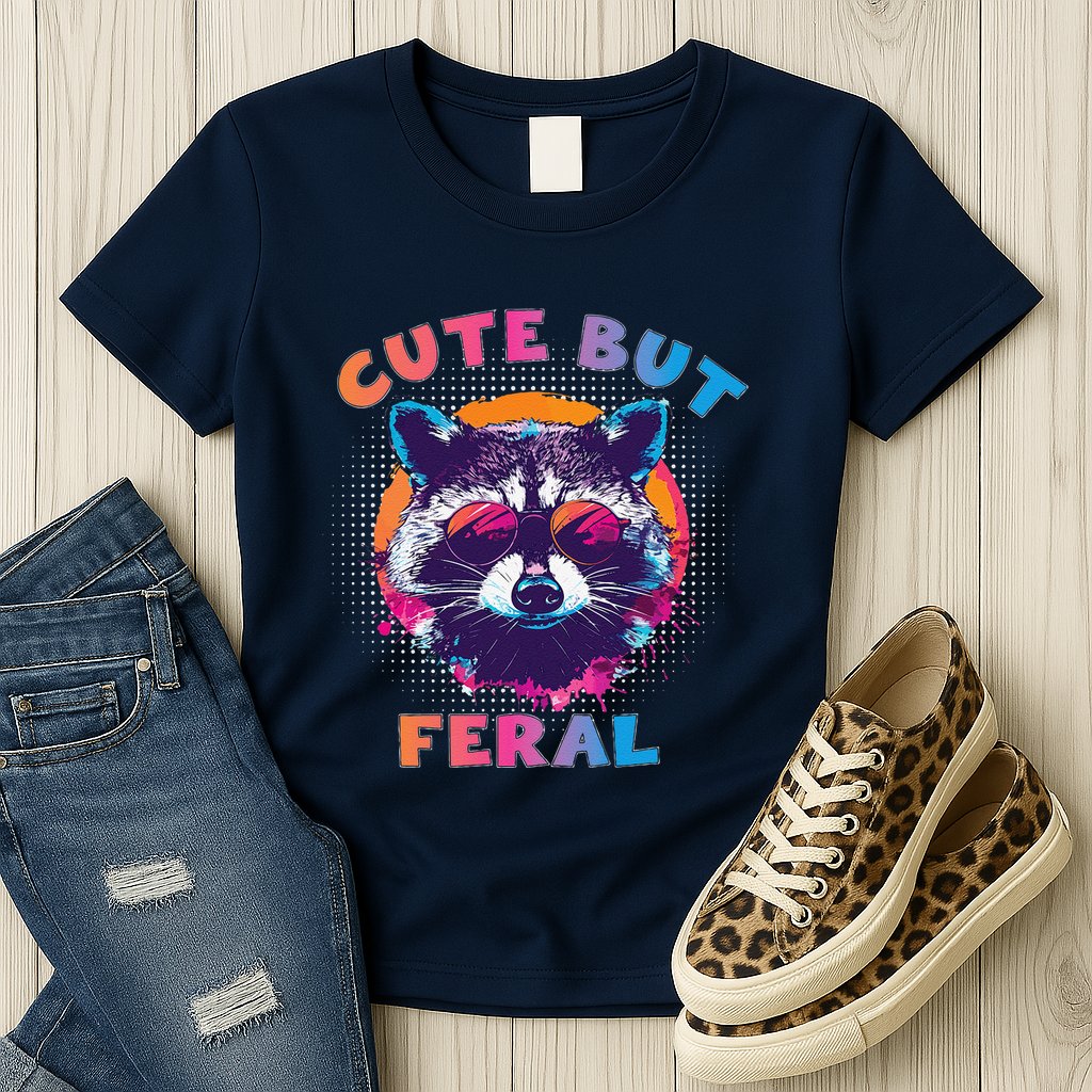 Raccoon Cute But Feral Colorful Funny Raccoon Feral Womens T-Shirt