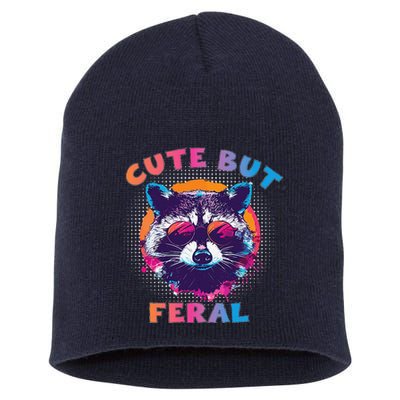 Raccoon Cute But Feral Colorful Funny Raccoon Feral Short Acrylic Beanie