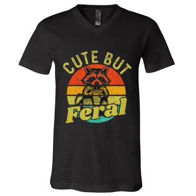 Raccoon Cute But Feral Vintage Raccoon Funny Loves Coffee V-Neck T-Shirt