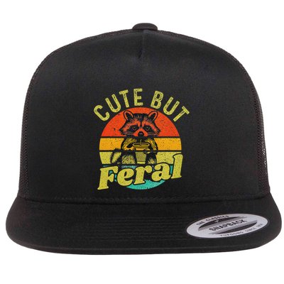 Raccoon Cute But Feral Vintage Raccoon Funny Loves Coffee Flatbill Hat