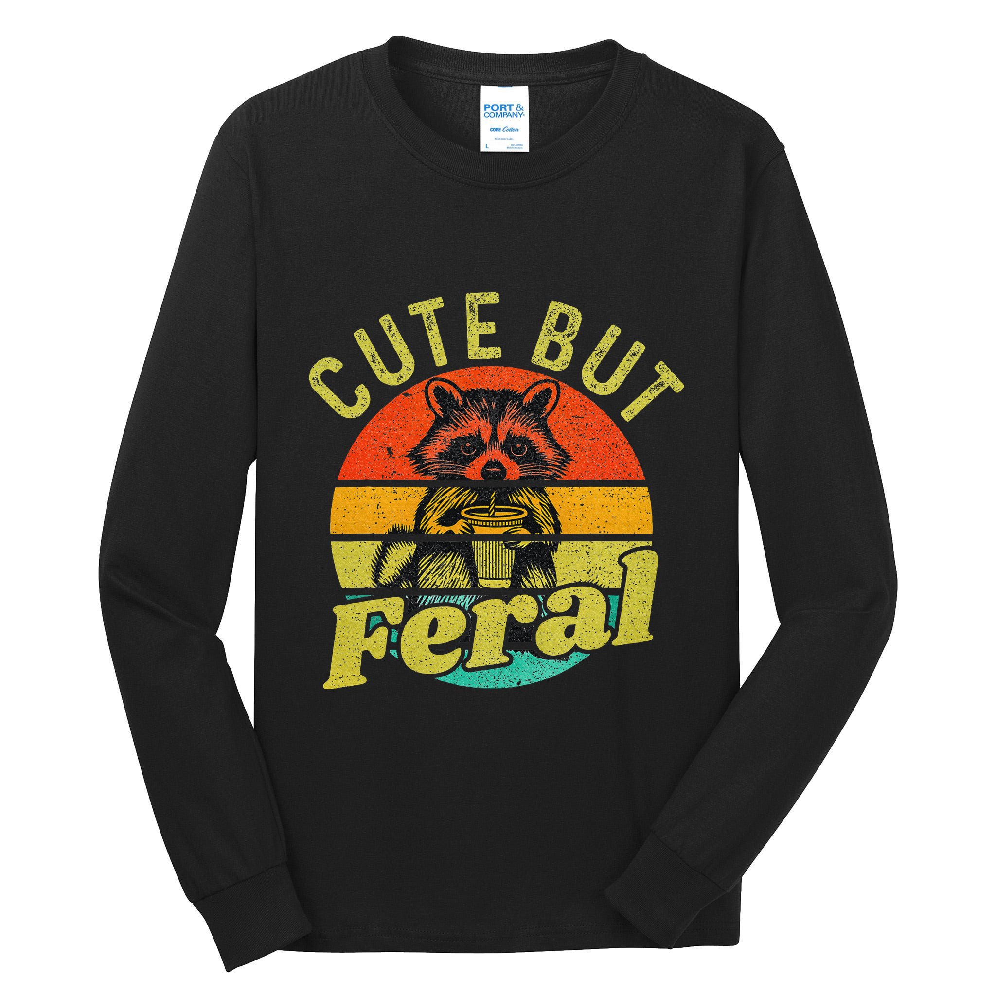 Raccoon Cute But Feral Vintage Raccoon Funny Loves Coffee Tall Long Sleeve T-Shirt