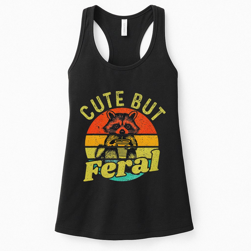 Raccoon Cute But Feral Vintage Raccoon Funny Loves Coffee Womens Tank Top