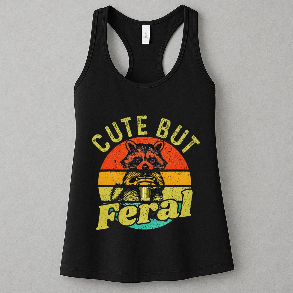 Raccoon Cute But Feral Vintage Raccoon Funny Loves Coffee Womens Tank Top