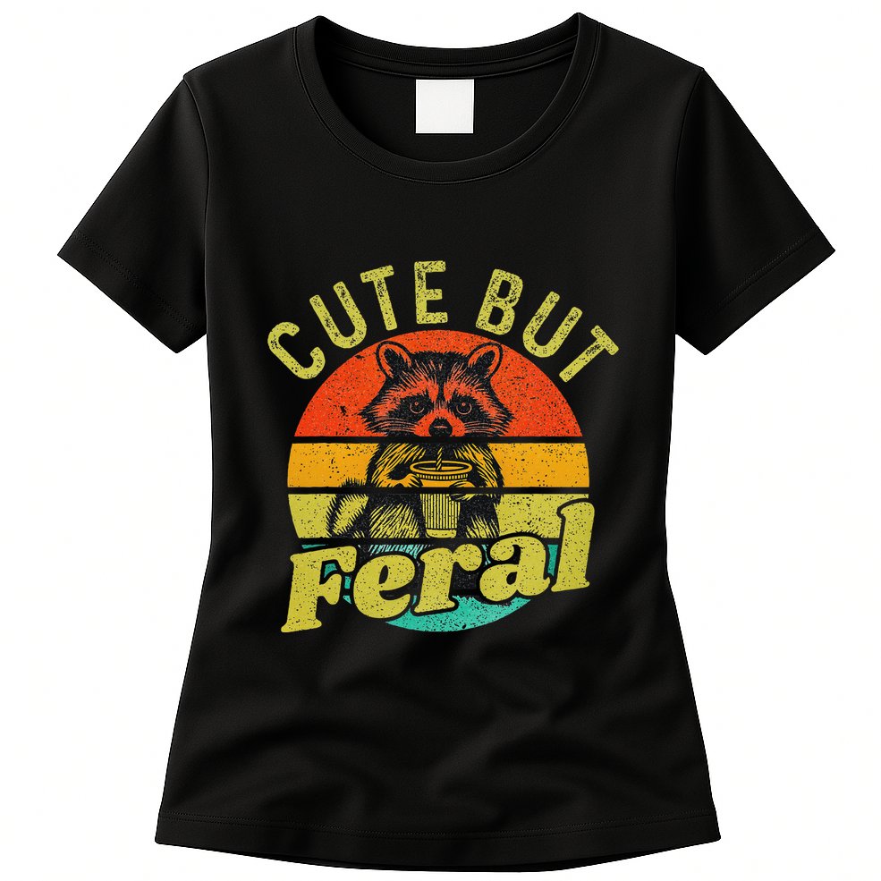 Raccoon Cute But Feral Vintage Raccoon Funny Loves Coffee Womens T-Shirt
