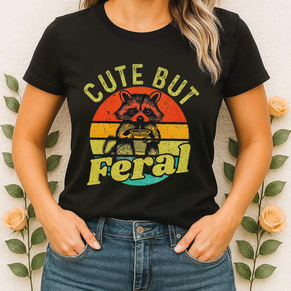 Raccoon Cute But Feral Vintage Raccoon Funny Loves Coffee Womens T-Shirt