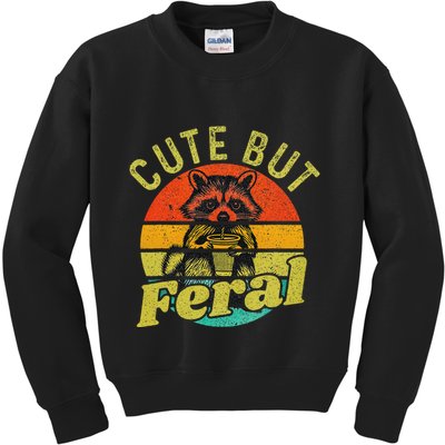 Raccoon Cute But Feral Vintage Raccoon Funny Loves Coffee Kids Sweatshirt
