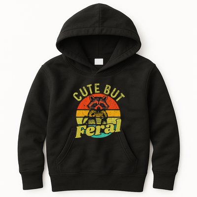 Raccoon Cute But Feral Vintage Raccoon Funny Loves Coffee Kids Hoodie