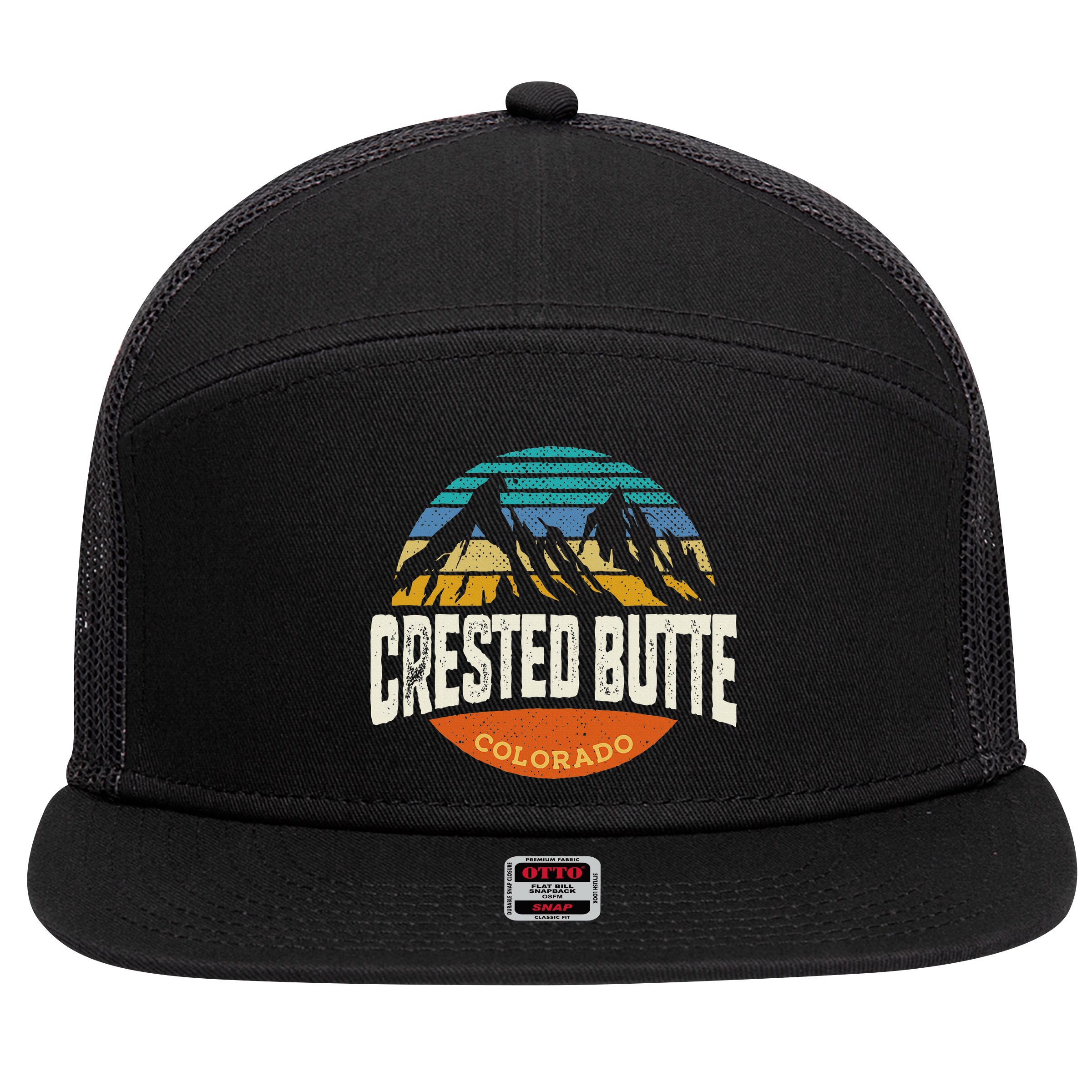 Retro Crested Butte Outdoors Mountain Colorado 7 Panel Mesh Trucker Snapback Hat