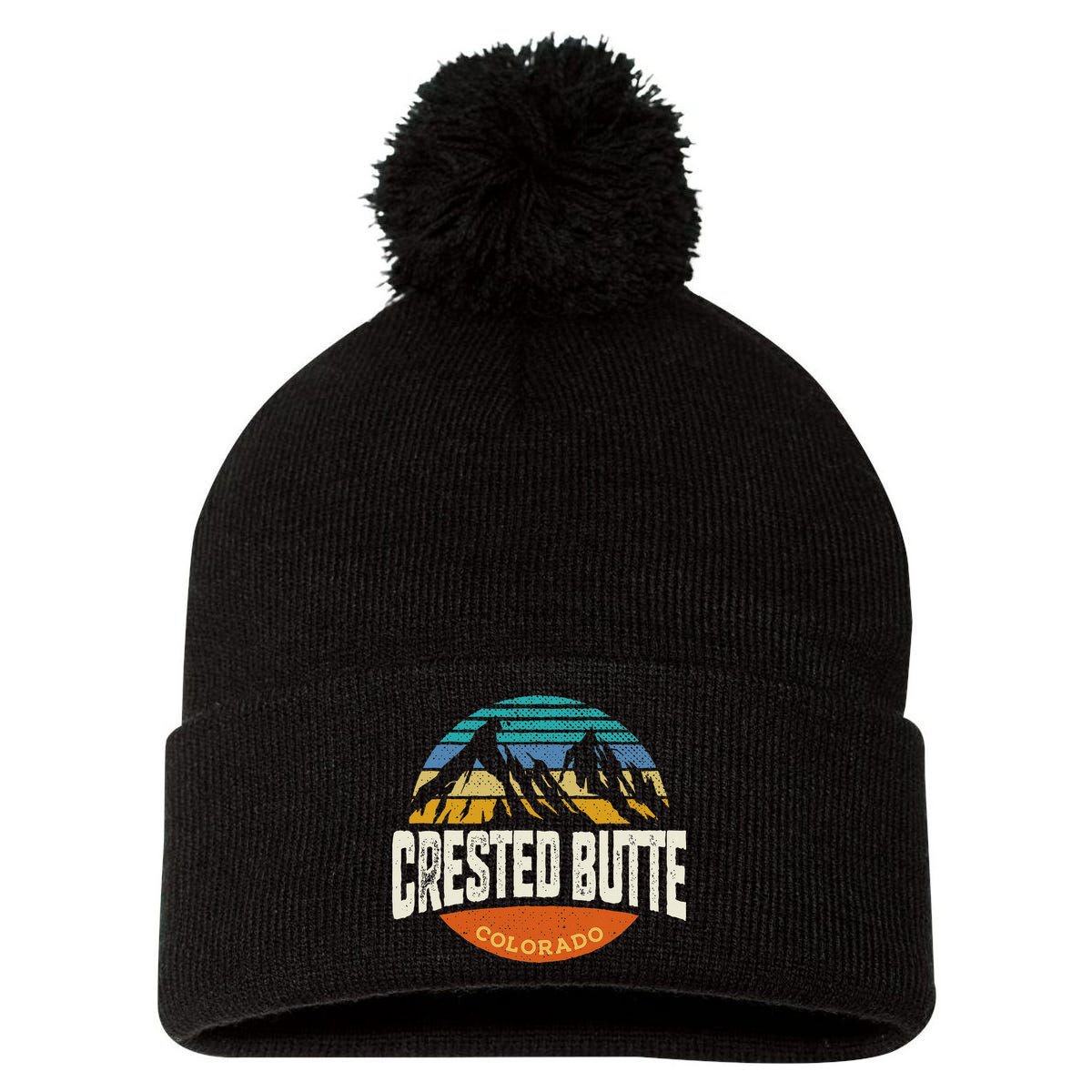 Retro Crested Butte Outdoors Mountain Colorado Pom Pom 12in Knit Beanie