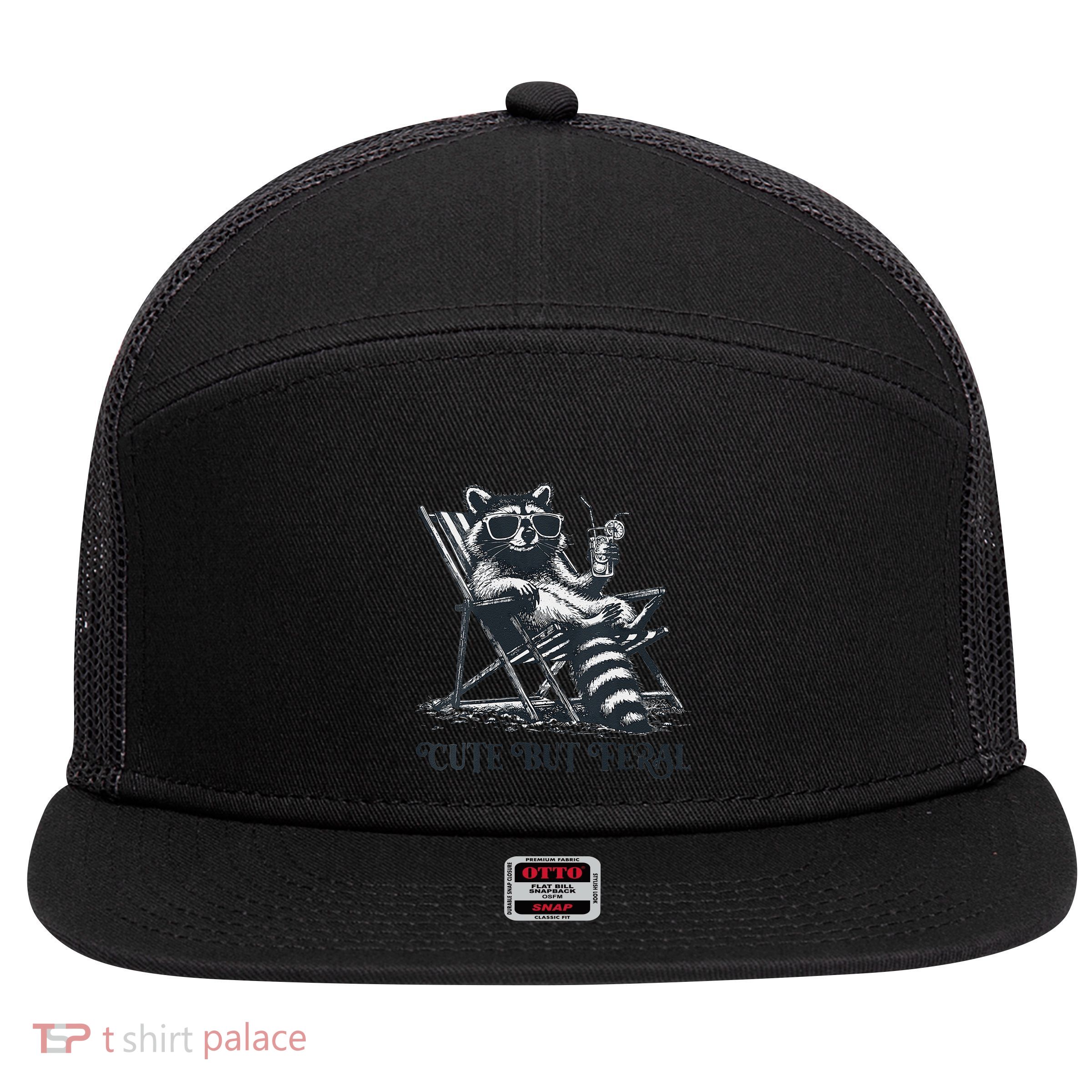 Raccoon Cute But Feral Funny Summer Design 7 Panel Mesh Trucker Snapback Hat
