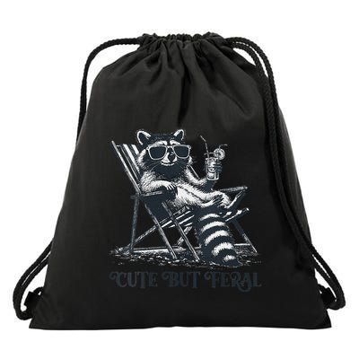 Raccoon Cute But Feral Funny Summer Design Drawstring Bag