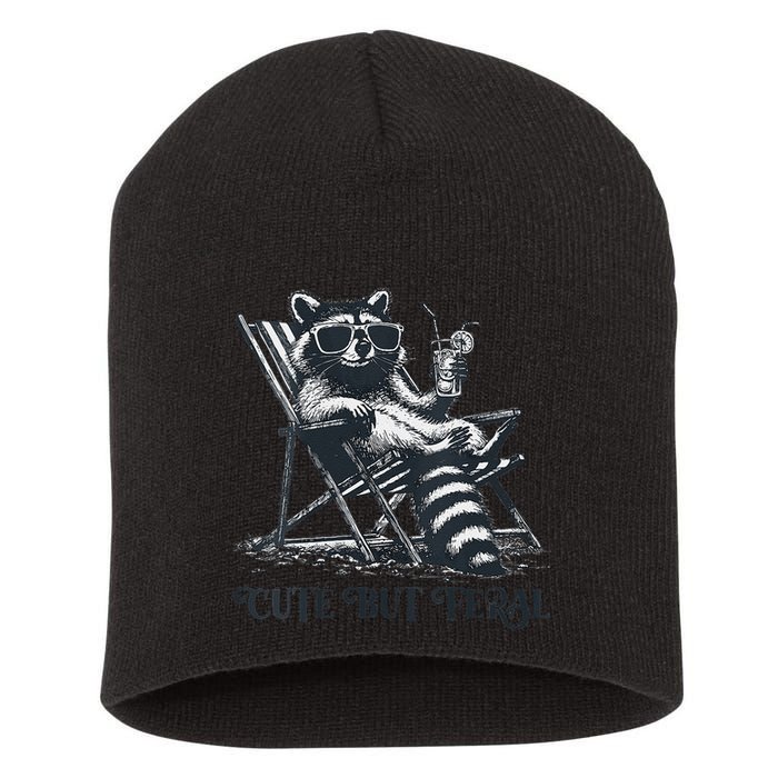 Raccoon Cute But Feral Funny Summer Design Short Acrylic Beanie