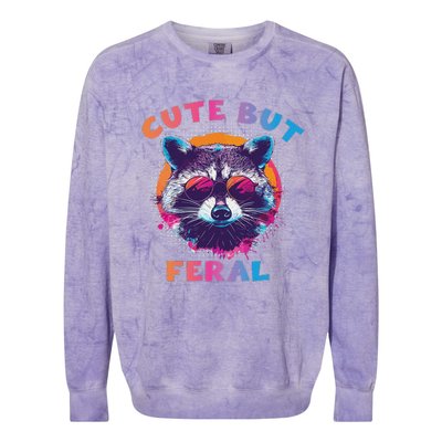 Raccoon Cute But Feral Colorful Raccoon Funny Sarcastic Colorblast Crewneck Sweatshirt