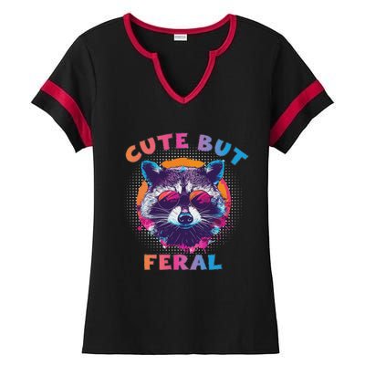 Raccoon Cute But Feral Colorful Raccoon Funny Sarcastic Ladies Halftime Notch Neck Tee