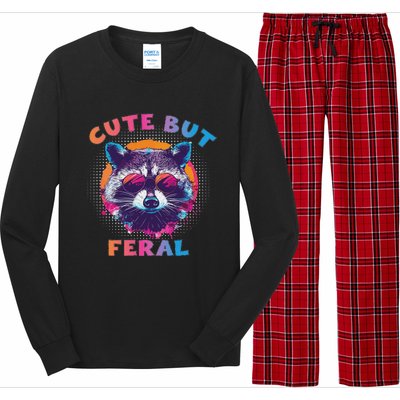 Raccoon Cute But Feral Colorful Raccoon Funny Sarcastic Long Sleeve Pajama Set