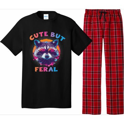 Raccoon Cute But Feral Colorful Raccoon Funny Sarcastic Pajama Set