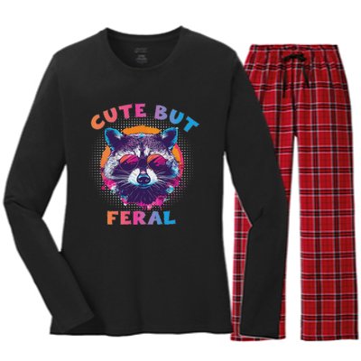 Raccoon Cute But Feral Colorful Raccoon Funny Sarcastic Women's Long Sleeve Flannel Pajama Set 