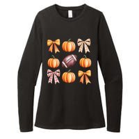 Retro Coquette Bow Pumpkin American Football Thanksgiving Womens CVC Long Sleeve Shirt