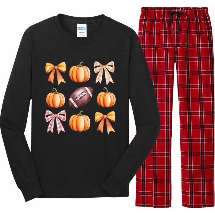 Retro Coquette Bow Pumpkin American Football Thanksgiving Long Sleeve Pajama Set