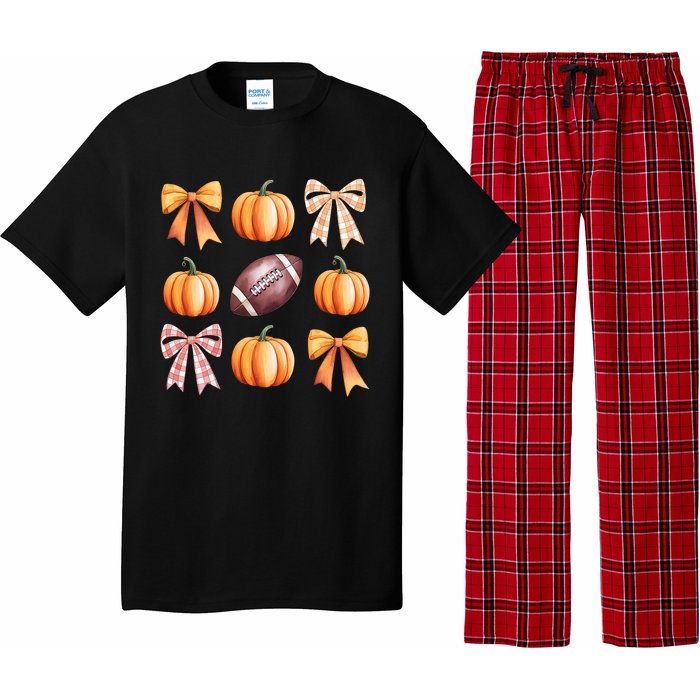 Retro Coquette Bow Pumpkin American Football Thanksgiving Pajama Set