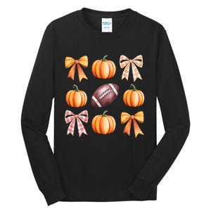 Retro Coquette Bow Pumpkin American Football Thanksgiving Tall Long Sleeve T-Shirt