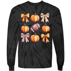 Retro Coquette Bow Pumpkin American Football Thanksgiving Tie-Dye Long Sleeve Shirt