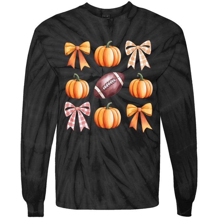 Retro Coquette Bow Pumpkin American Football Thanksgiving Tie-Dye Long Sleeve Shirt