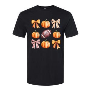 Retro Coquette Bow Pumpkin American Football Thanksgiving Softstyle CVC T-Shirt