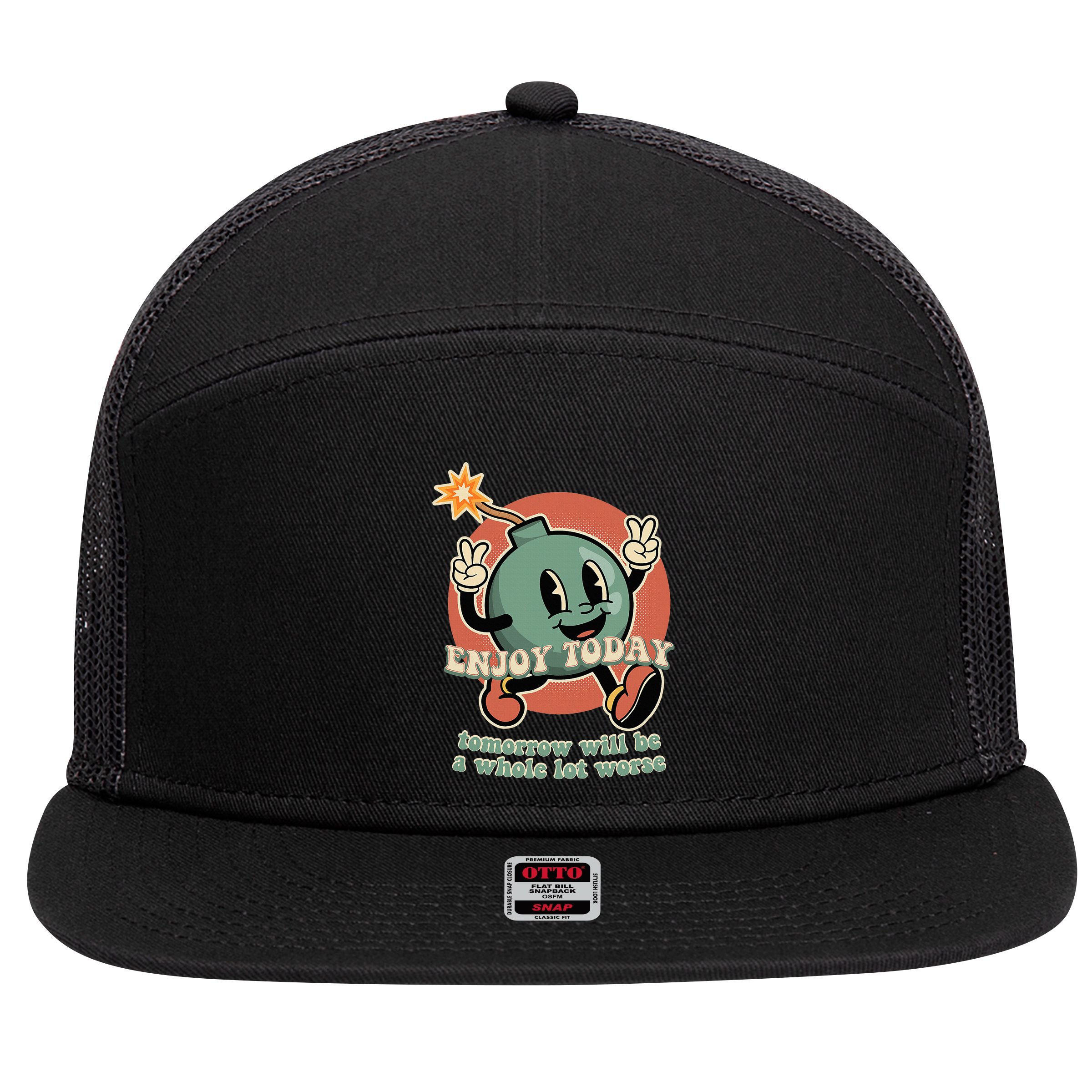 Retro Cartoon Bomb Nihilism Classic Fit Crew Neck Short Sleeve Black 7 Panel Mesh Trucker Snapback Hat