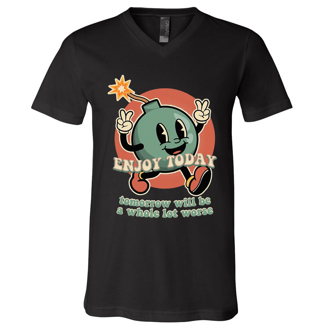 Retro Cartoon Bomb Nihilism Classic Fit Crew Neck Short Sleeve Black V-Neck T-Shirt