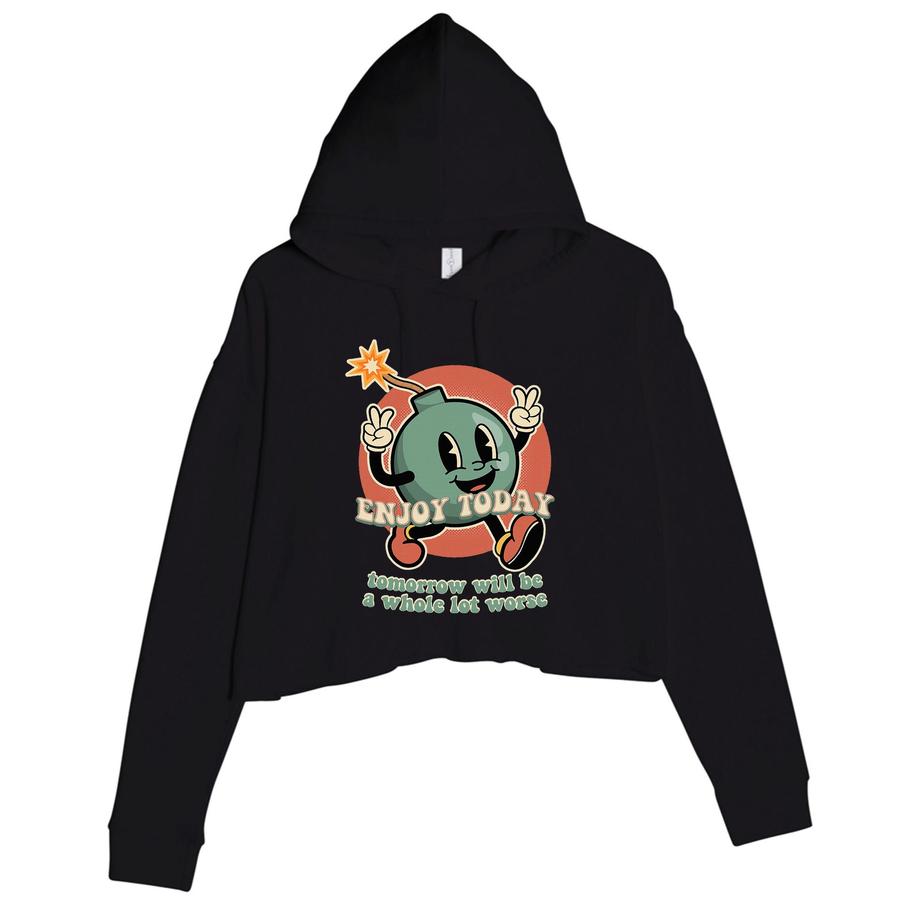 Retro Cartoon Bomb Nihilism Classic Fit Crew Neck Short Sleeve Black Crop Fleece Hoodie