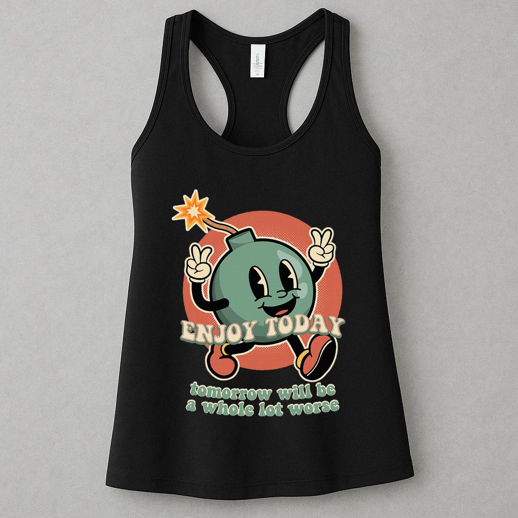 Retro Cartoon Bomb Nihilism Classic Fit Crew Neck Short Sleeve Black Womens Tank Top