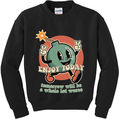 Retro Cartoon Bomb Nihilism Classic Fit Crew Neck Short Sleeve Black Kids Sweatshirt
