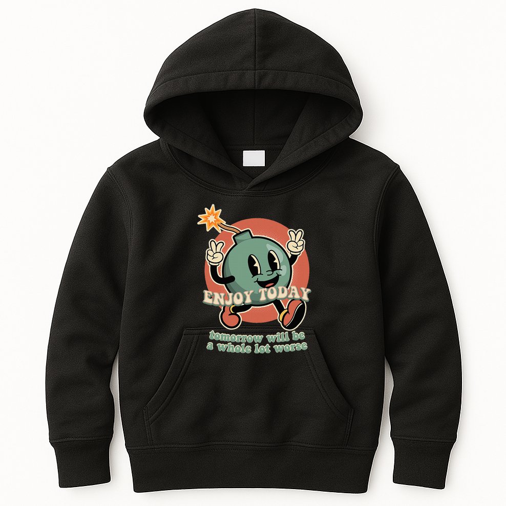 Retro Cartoon Bomb Nihilism Classic Fit Crew Neck Short Sleeve Black Kids Hoodie