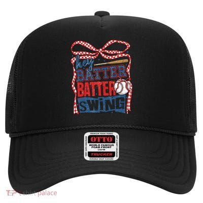 Retro Coquette Bow Hey Batter Batter Swing Game Day Baseball High Crown Mesh Back Trucker Hat