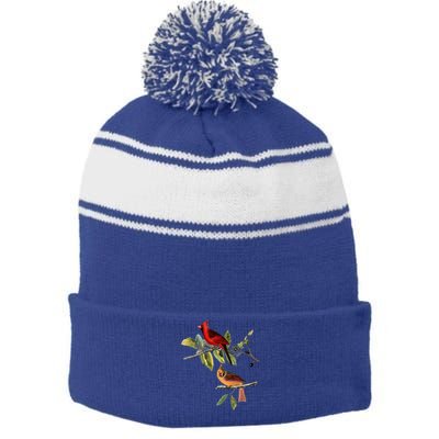 Red Cardinal Bird Male Female Gift For Cardinal Bird Lovers Gift Stripe Pom Pom Beanie
