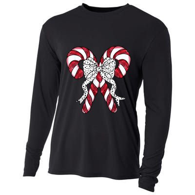 Retro Coquette Bow Candy Cane Christmas Season Cooling Performance Long Sleeve Crew