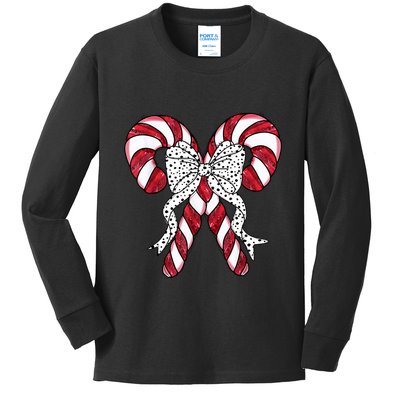 Retro Coquette Bow Candy Cane Christmas Season Kids Long Sleeve Shirt