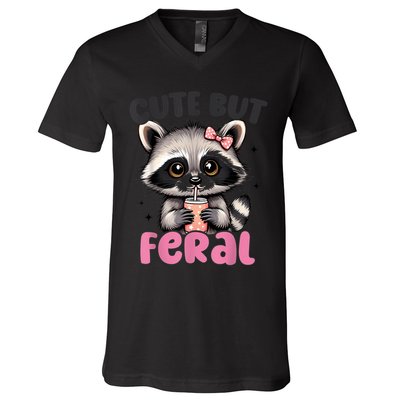 Raccoon Cute But Feral Girl Funny Raccoon Lover V-Neck T-Shirt
