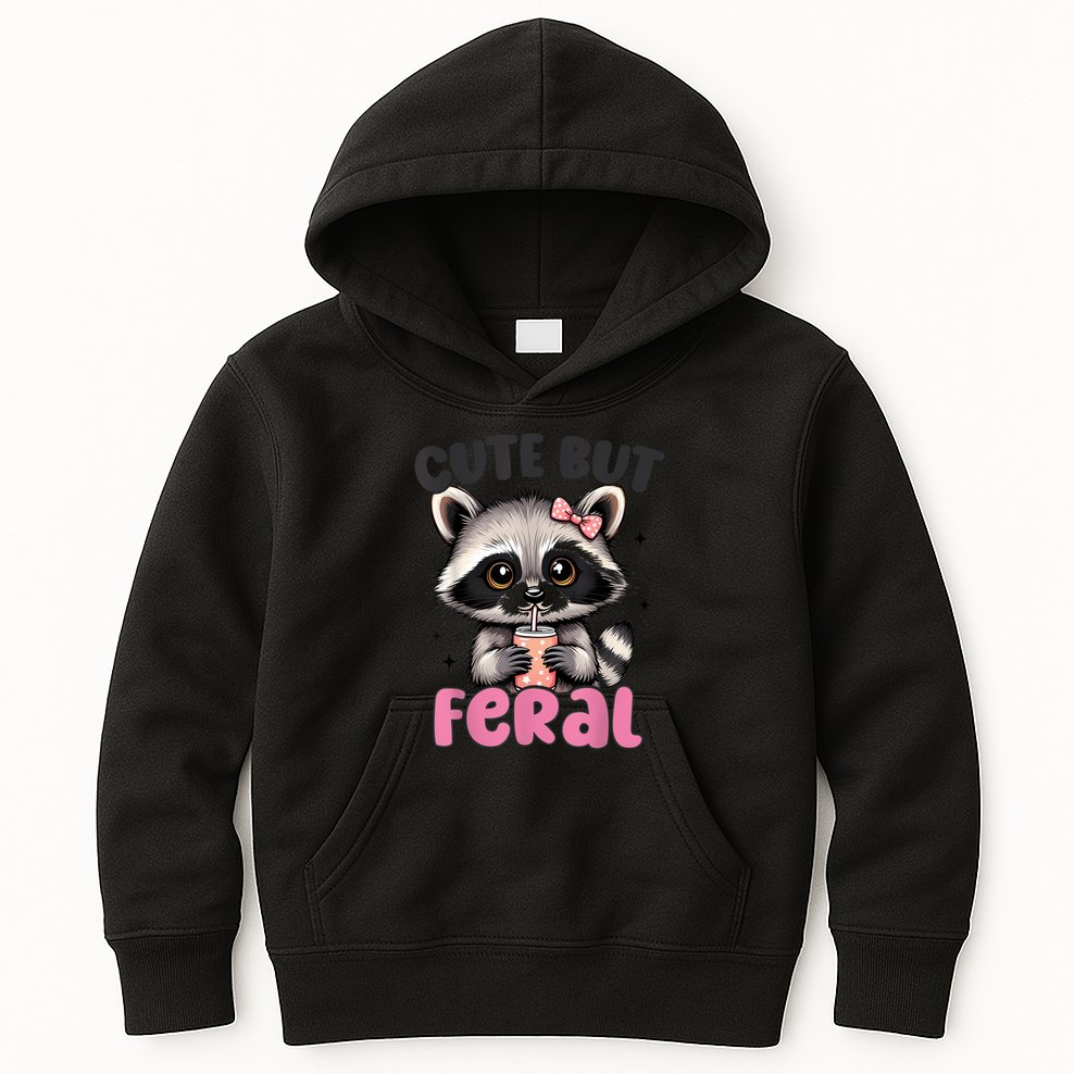 Raccoon Cute But Feral Girl Funny Raccoon Lover Kids Hoodie