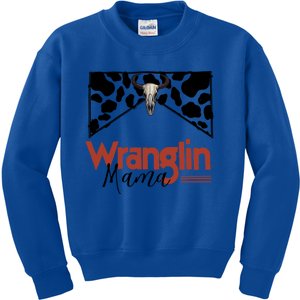 Retro Cowhide Bull Skull Wrangling Mama Western Country Gift Kids Sweatshirt