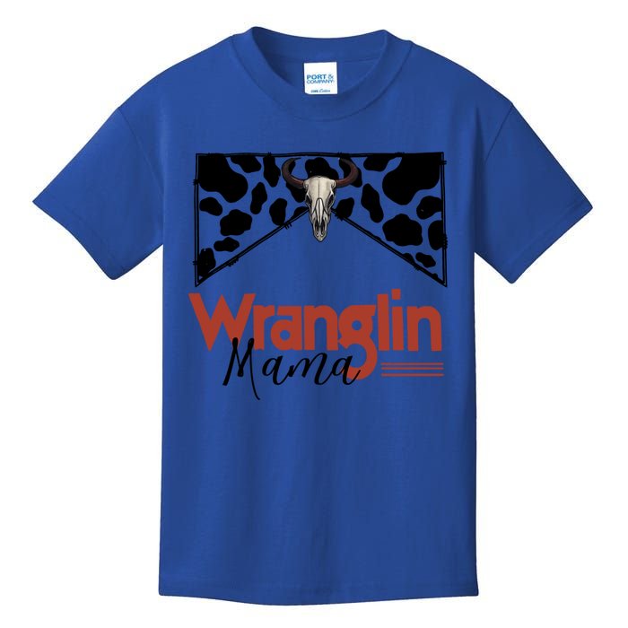 Retro Cowhide Bull Skull Wrangling Mama Western Country Gift Kids T-Shirt